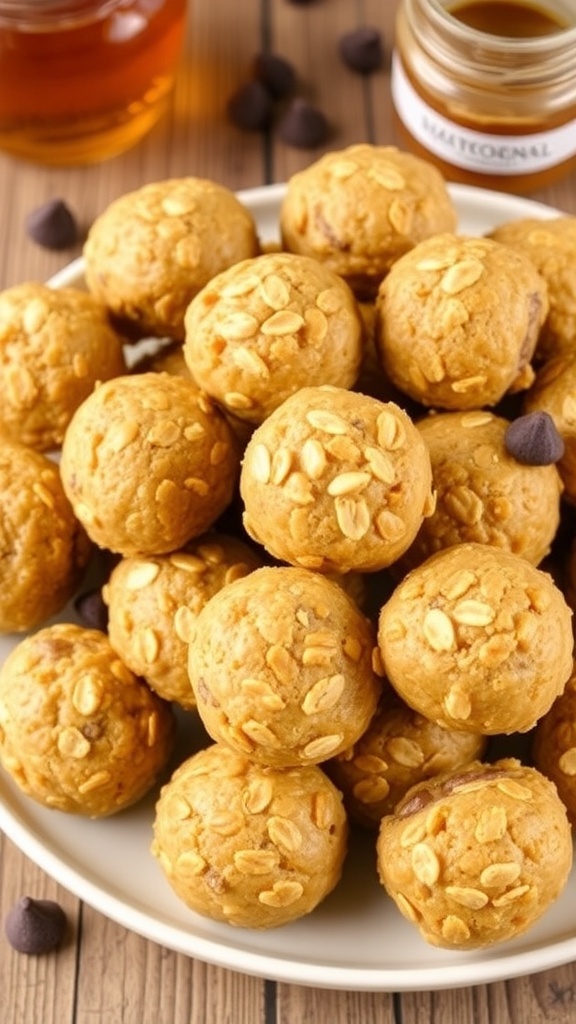 Oat Honey Peanut Butter Energy Bites Recipe A plate of oat honey peanut butter energy bites with chocolate chips on a rustic table.